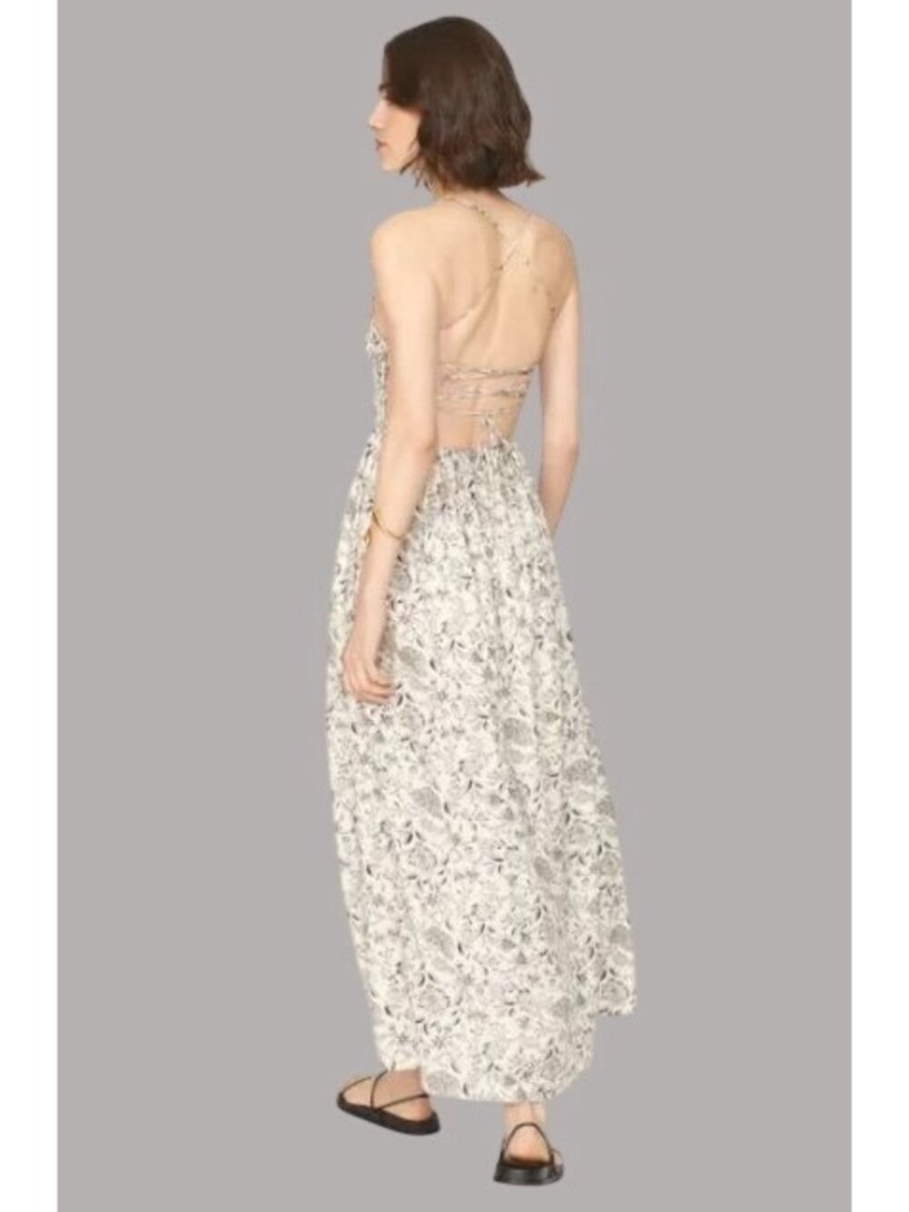 ASTR the Label Floral Print Maxi Linen Dress With Smocked Bodice Back Tie S